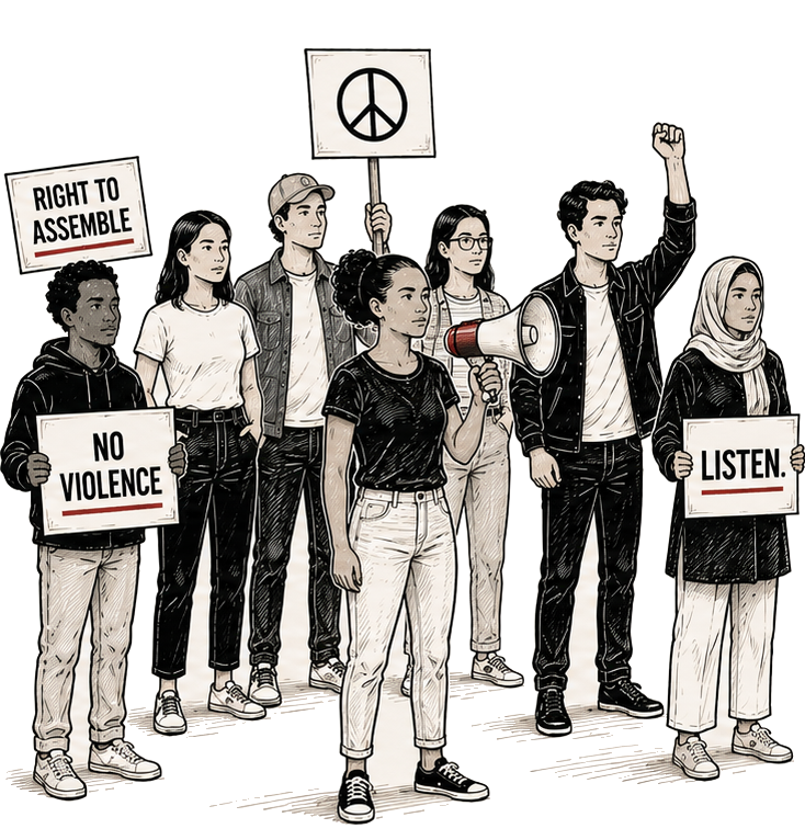 Illustration of protesters holding signs reading &ldquo;right to assemble,&rdquo; &ldquo;no violence,&rdquo; &ldquo;dialogue now,&rdquo; and &ldquo;listen.&rdquo;