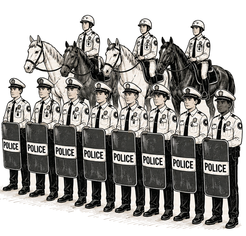 Illustration of a line of police officers in riot gear with mounted officers behind them.